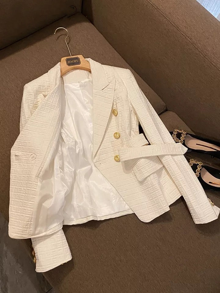 High-Quality Designer  White Textured Blazer with Belt