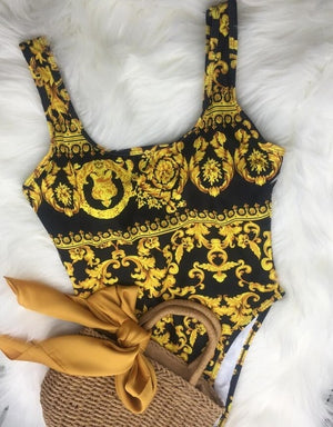 Gold Floral Print Swimsuit