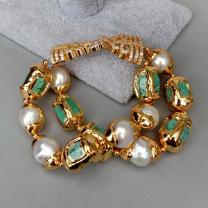 Luxury 13x20mm Green Turquoise Nugget White Freshwater Pearl With Electroplated Edge Bracelet