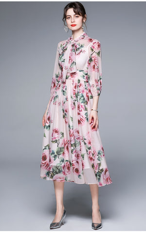Bow Collar Floral Print Dress