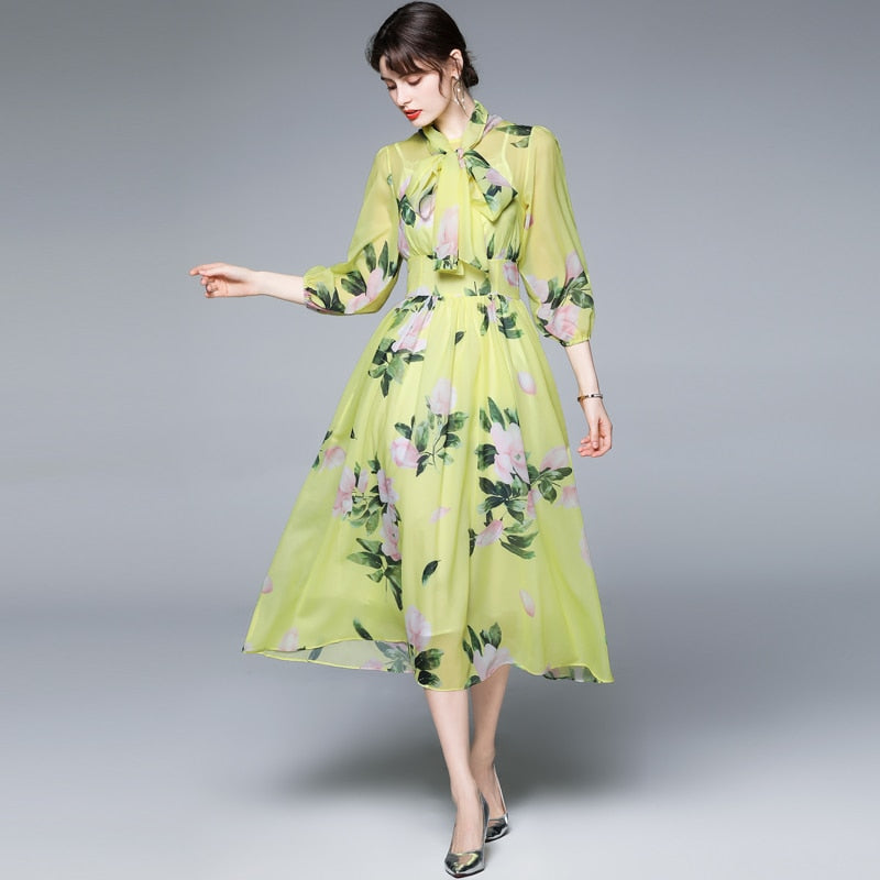 Bow Collar Floral Print Dress