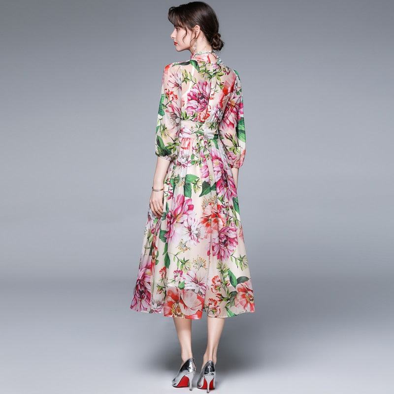 Bow Collar Floral Print Dress