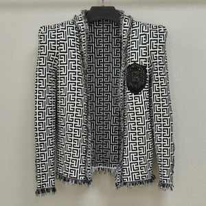 Designer Tassel Fringed Geometric Jacquard Tweed Jacket