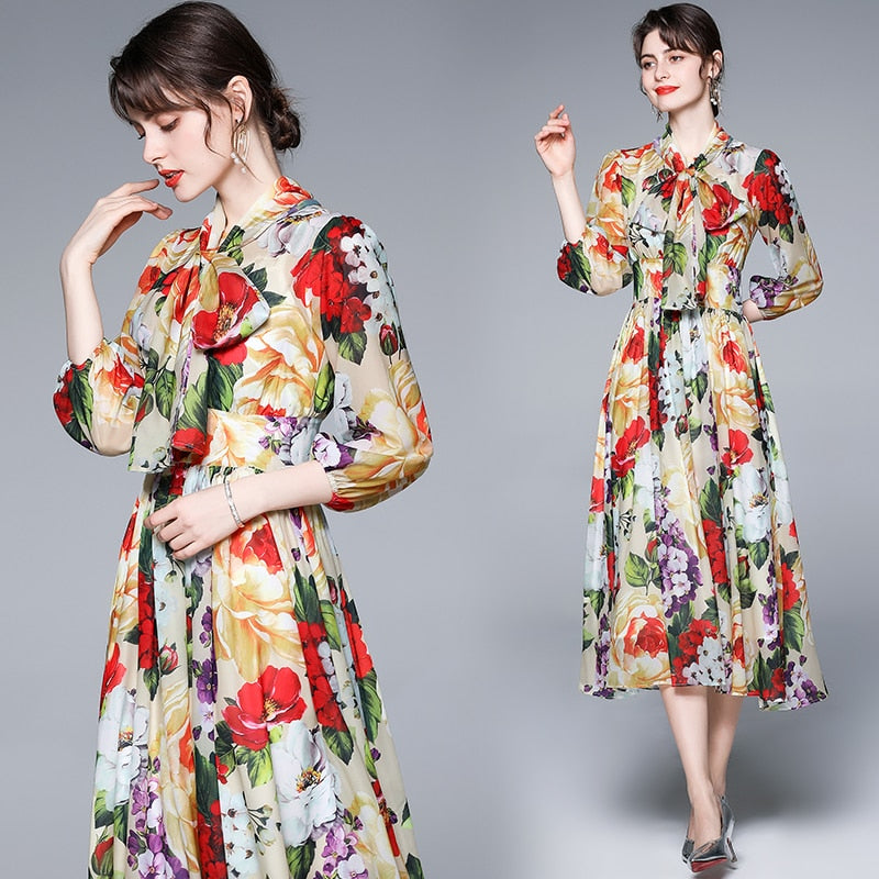 Bow Collar Floral Print Dress