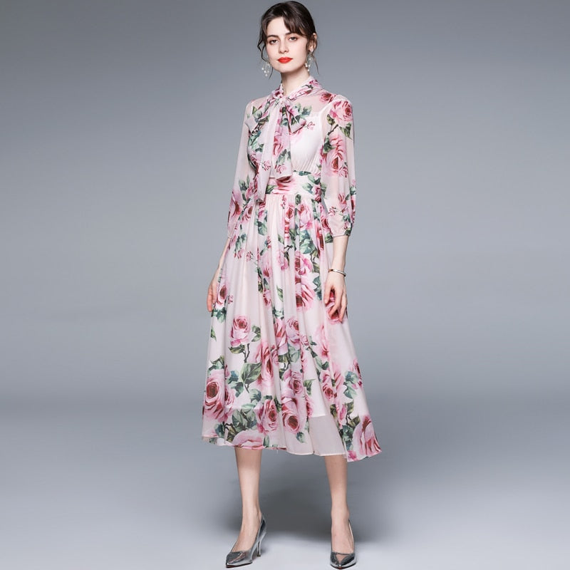 Bow Collar Floral Print Dress