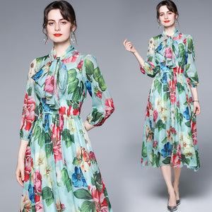 Bow Collar Floral Print Dress