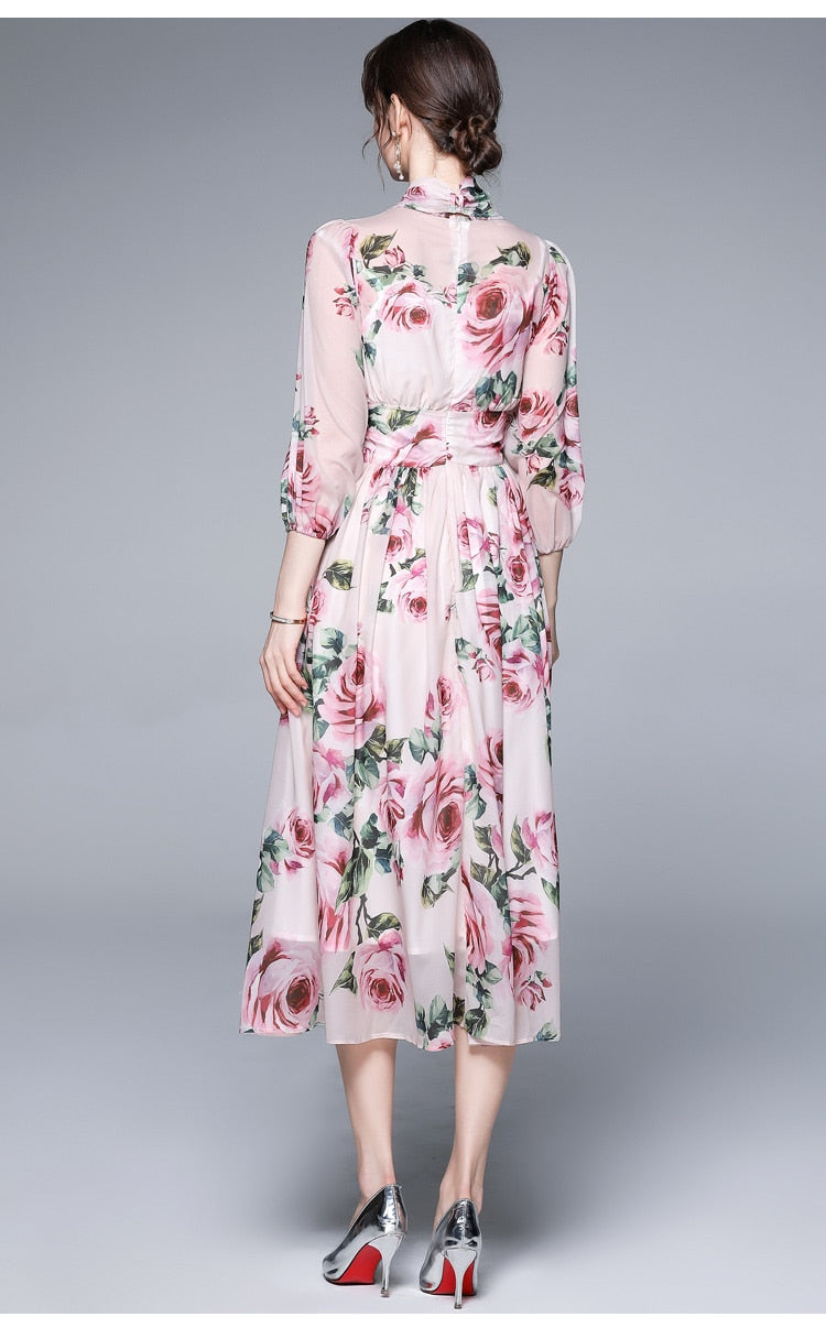 Bow Collar Floral Print Dress