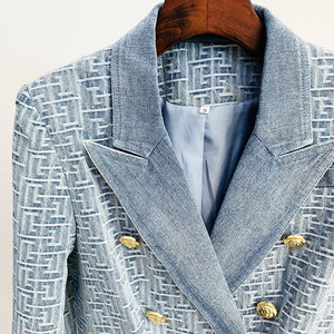 High Quality  Designer Double Breasted Lion Buttons Geometric Denim Blazer