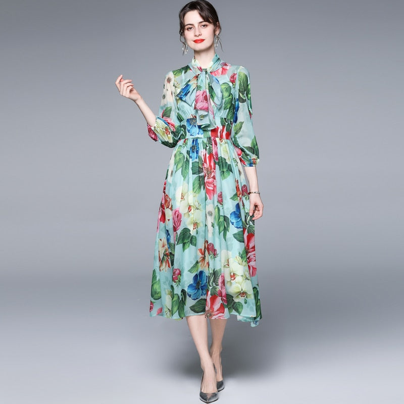 Bow Collar Floral Print Dress