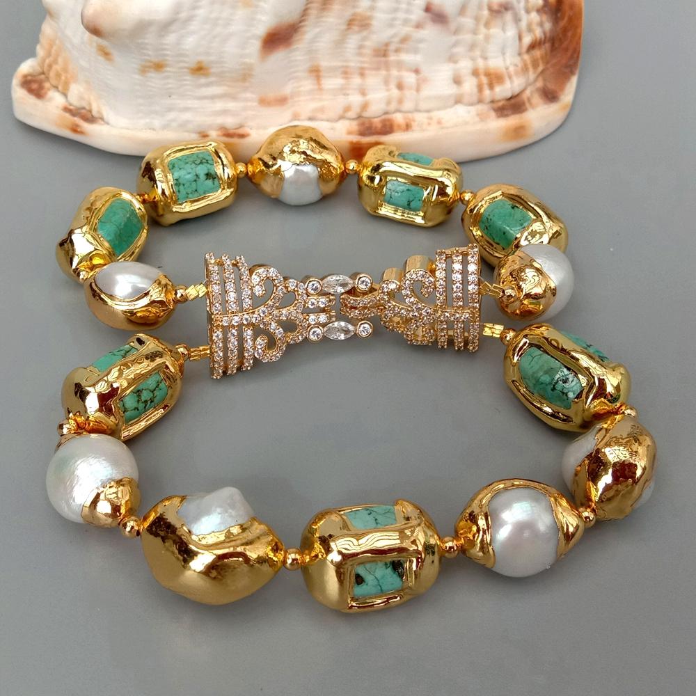 Luxury 13x20mm Green Turquoise Nugget White Freshwater Pearl With Electroplated Edge Bracelet