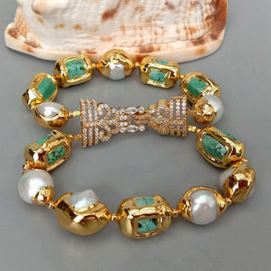 Luxury 13x20mm Green Turquoise Nugget White Freshwater Pearl With Electroplated Edge Bracelet
