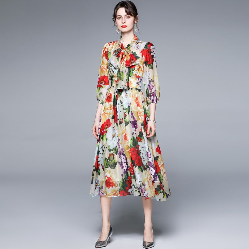 Bow Collar Floral Print Dress