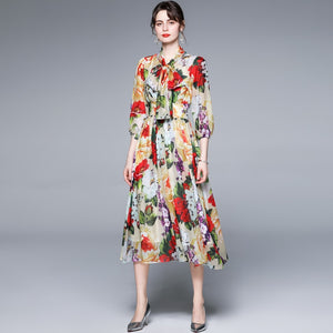 Bow Collar Floral Print Dress