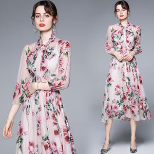 Bow Collar Floral Print Dress