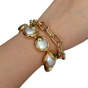 Gold Plated Chain White Coin Freshwater Pearl With Electroplated Edge Cubic Zirconia Pave Beads Choker Bracelet
