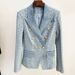 High Quality  Designer Double Breasted Lion Buttons Geometric Denim Blazer
