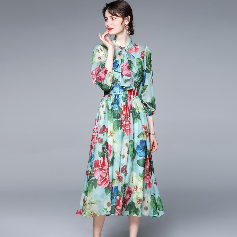 Bow Collar Floral Print Dress