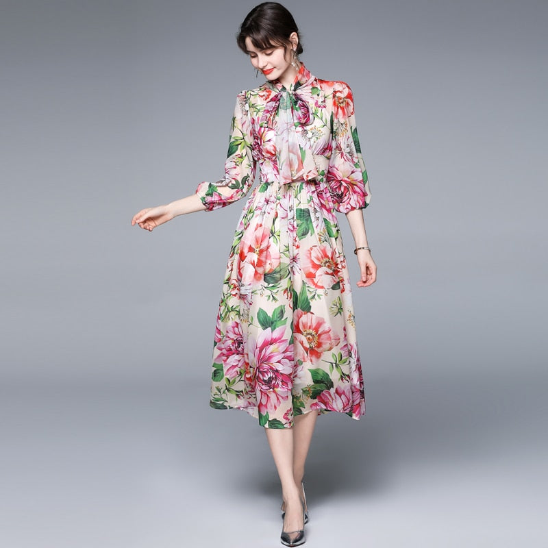 Bow Collar Floral Print Dress