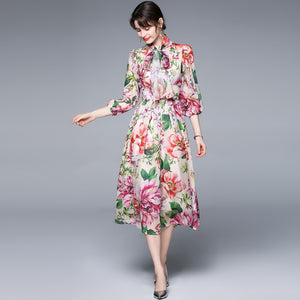 Bow Collar Floral Print Dress