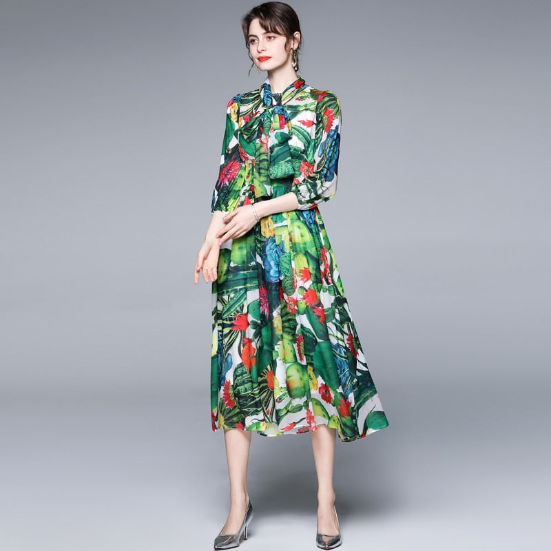 Bow Collar Floral Print Dress