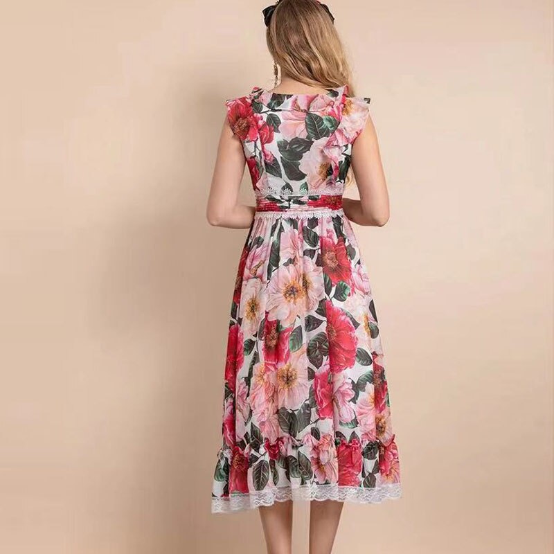 Designer Elegant Floral Lace Up Dress