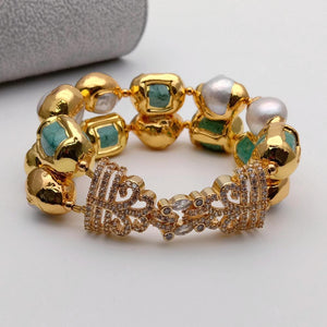 Luxury 13x20mm Green Turquoise Nugget White Freshwater Pearl With Electroplated Edge Bracelet