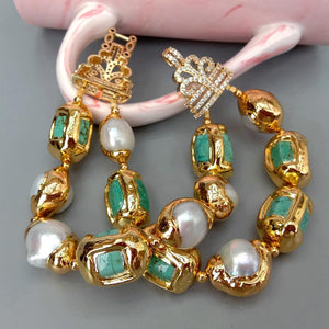 Luxury 13x20mm Green Turquoise Nugget White Freshwater Pearl With Electroplated Edge Bracelet