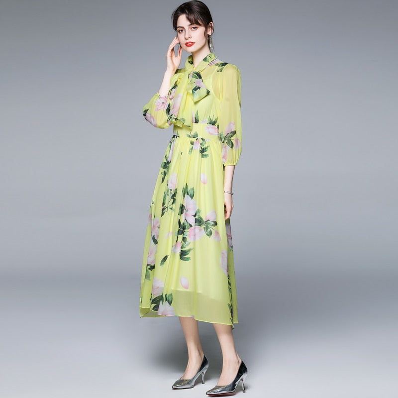 Bow Collar Floral Print Dress