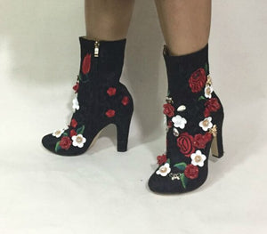3D Flower Embellished Side Zipper Ankle Boots