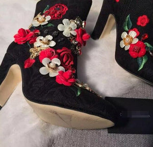 3D Flower Embellished Side Zipper Ankle Boots