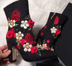 3D Flower Embellished Side Zipper Ankle Boots