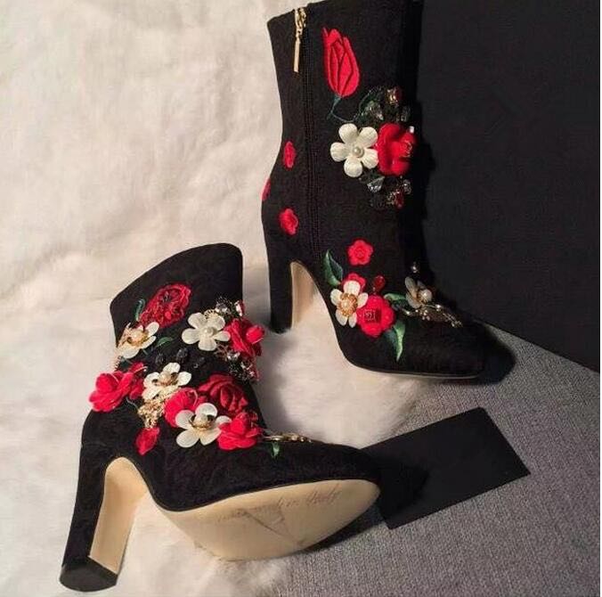 3D Flower Embellished Side Zipper Ankle Boots
