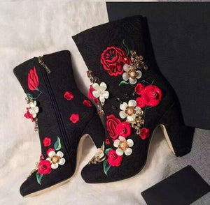 3D Flower Embellished Side Zipper Ankle Boots