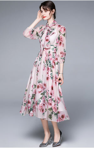 Bow Collar Floral Print Dress
