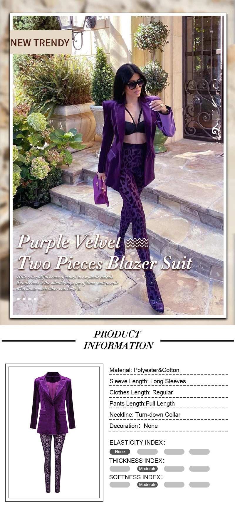 Purple Velvet Tight-fitting Lapel Suit Jacket Leopard-print Slim Trousers 2 Pcs