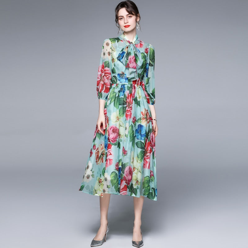Bow Collar Floral Print Dress