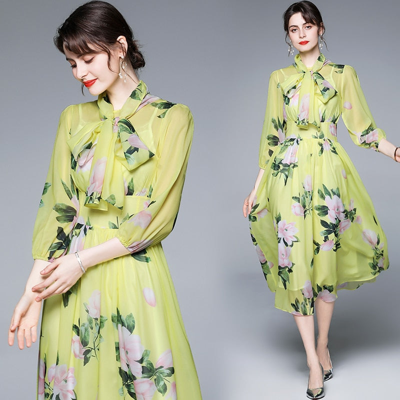 Bow Collar Floral Print Dress