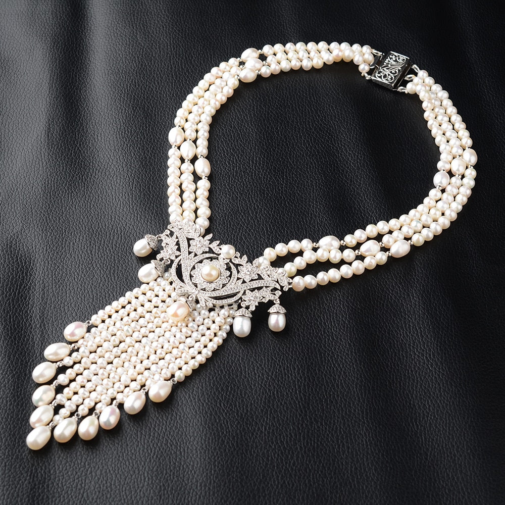 3 Strands Cultured White Pearl Necklace CZ White Fresh Water Rice Pearl Pendant