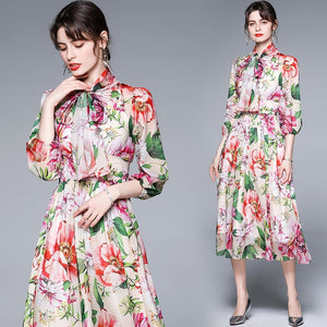 Bow Collar Floral Print Dress