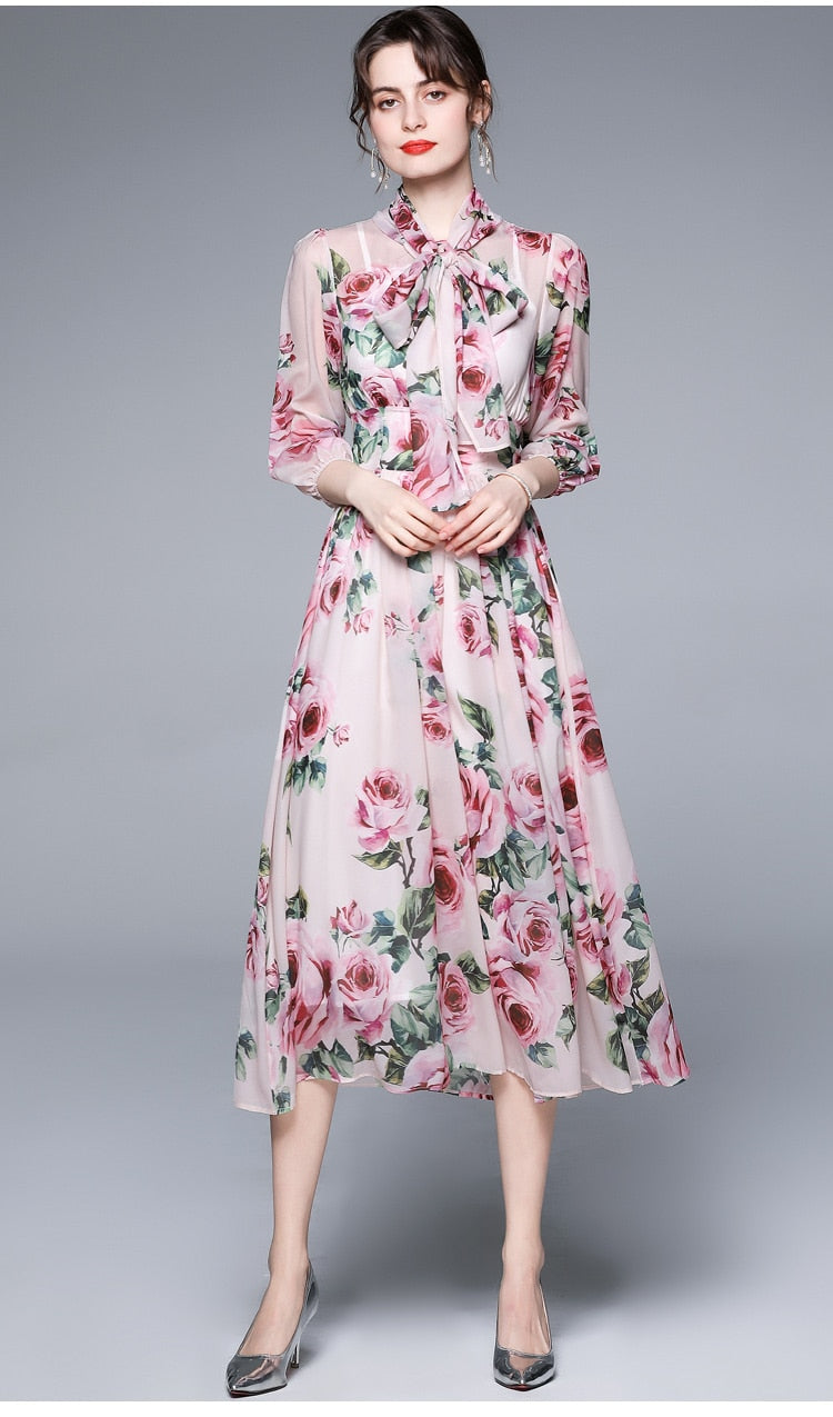 Bow Collar Floral Print Dress