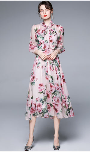 Bow Collar Floral Print Dress