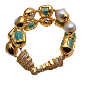 Luxury 13x20mm Green Turquoise Nugget White Freshwater Pearl With Electroplated Edge Bracelet
