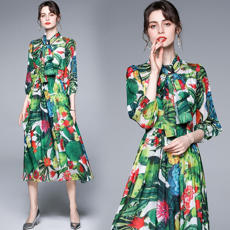 Bow Collar Floral Print Dress
