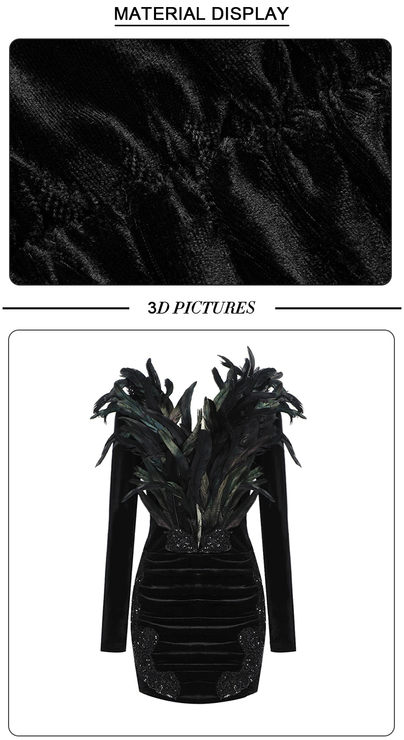 Feather Beaded Sequin Decorative Velvet Dress