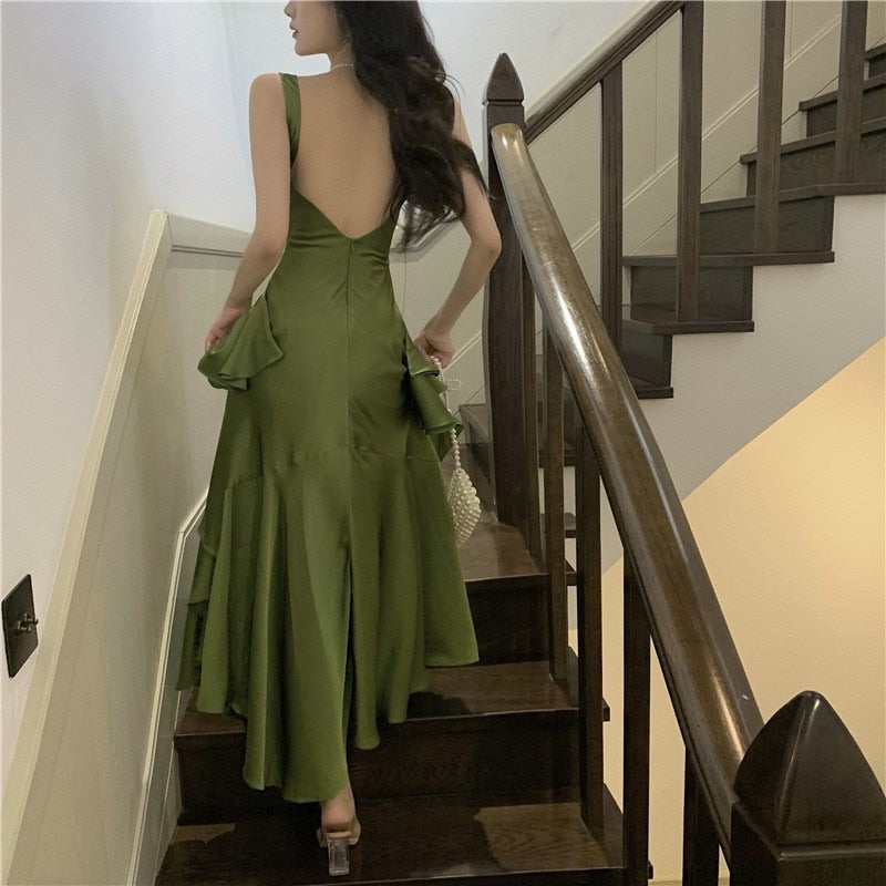 Satin Green Dress High Quality Luxury Ruffles Dress