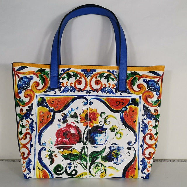 Italy Luxury Print Travel Shoulder Bag Floral Textured-Leather handbag