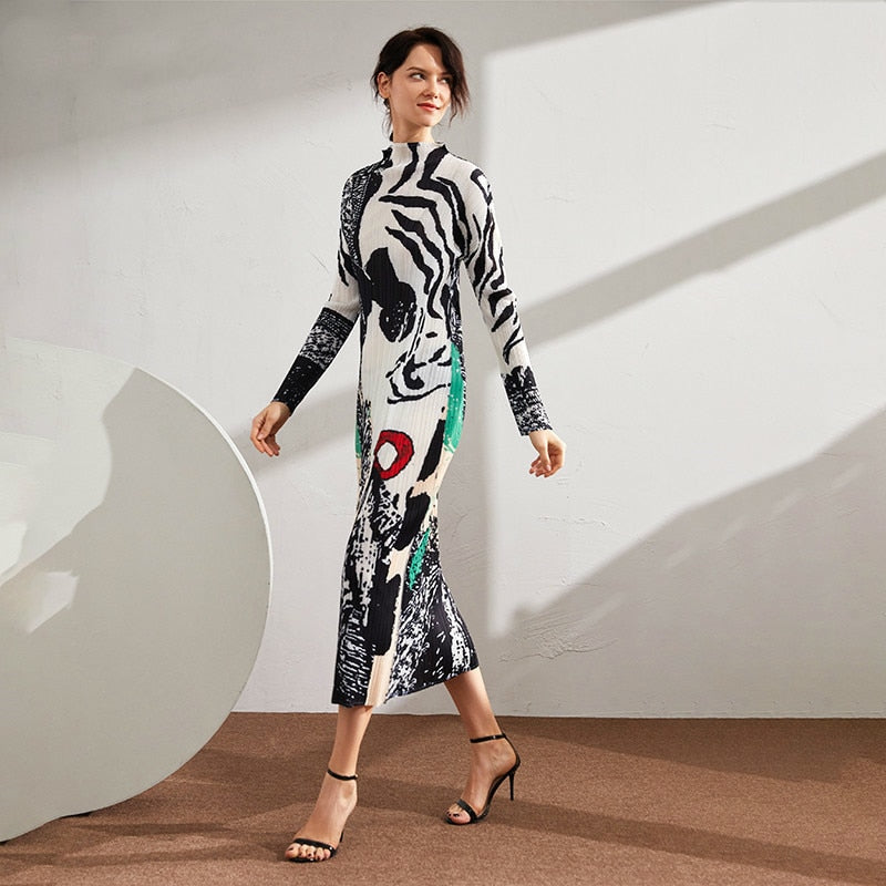 2020 Colorblock Long Pleated Dress