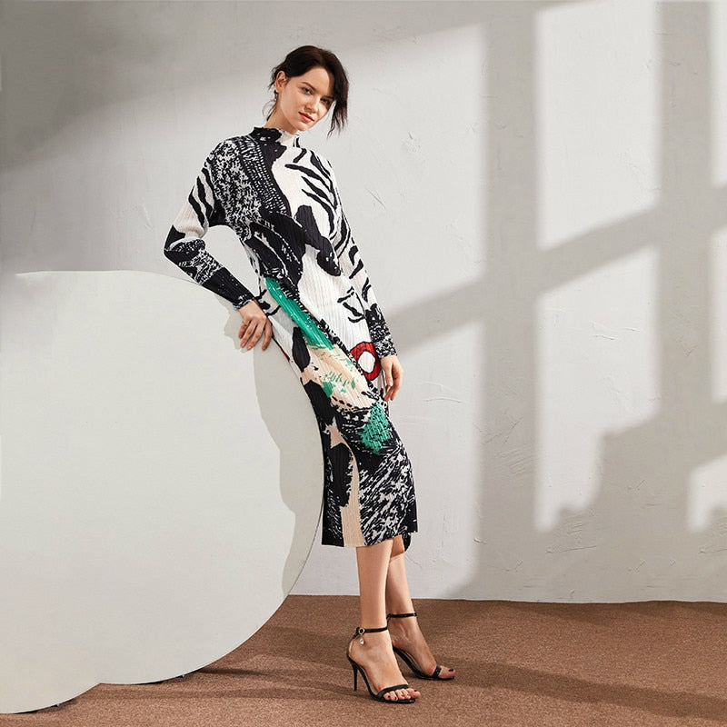 2020 Colorblock Long Pleated Dress