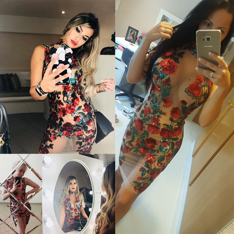 Luxury Mesh Embroidery Red Sequine Summer Dress