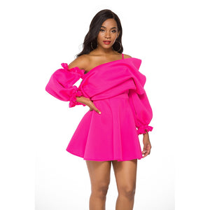 Pleated Puff Sleeve One Shoulder Dress